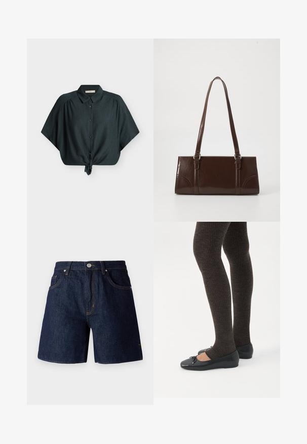 Blouse vert foncé à manches courtes avec boutons, col et nœud noué devant, en tissu texturé, présentée à plat sur fond blanc.; Shorts en denim bleu foncé avec des coutures contrastantes orange. Comprend cinq poches, une fermeture à bouton et un design à jambes droites.; Jambes portant des leggings côtelés foncés associés à des ballerines noires avec de petits détails en nœud sur fond blanc.; Sac à main en cuir verni marron de forme rectangulaire, avec deux longues poignées et des accents courbés subtils à l'avant.