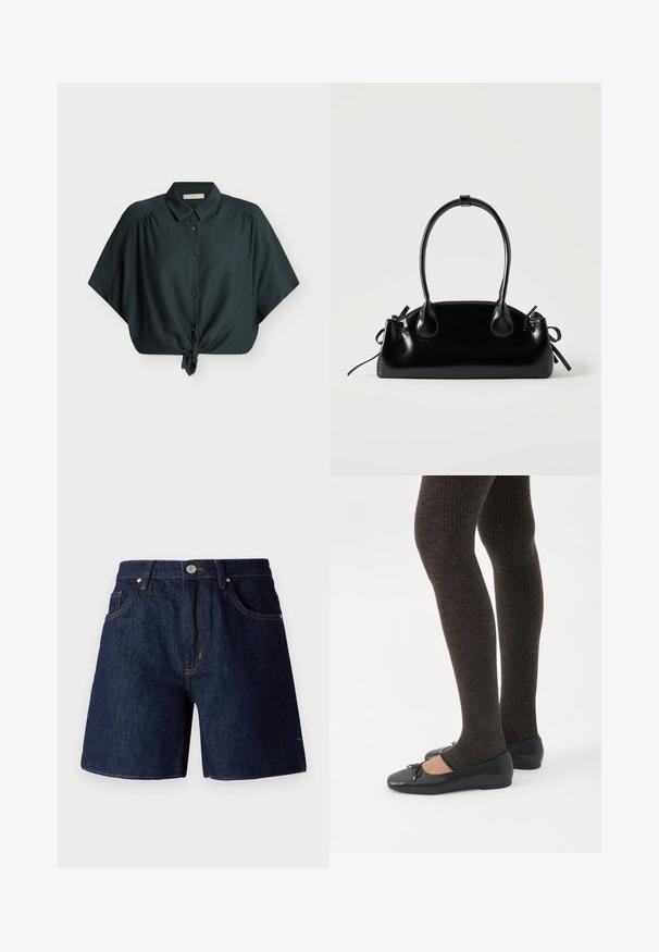 Blouse vert foncé à manches courtes avec boutons, col et nœud noué devant, en tissu texturé, présentée à plat sur fond blanc.; Shorts en denim bleu foncé avec des coutures contrastantes orange. Comprend cinq poches, une fermeture à bouton et un design à jambes droites.; Jambes portant des leggings côtelés foncés associés à des ballerines noires avec de petits détails en nœud sur fond blanc.; Petit sac à main noir brillant avec deux longues anses et des détails à cordon sur les côtés sur un fond clair uni.