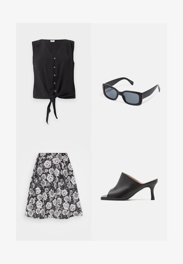 Mouwloze zwarte blouse met knopen, V-hals en een strikknop aan de voorzoom.; Anna Field by Zalando Plooirok - black/white; Selected ASHLEY - Muiltjes met hak - black; Zwarte rechthoekige zonnebril met donkere getinte lenzen, een dik plastic montuur en brede scharnieren. Glad oppervlak en hoekig ontwerp.