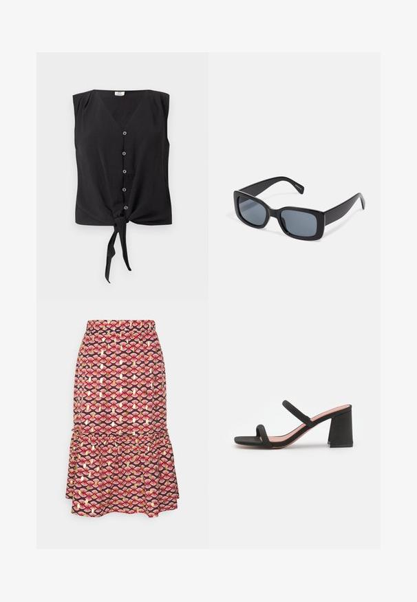 Blusa negra sin mangas con cierre de botones, escote en V y nudo delantero en el dobladillo.; VILA VIZINO MIDI SKIRT - Falda acampanada - red; Call it Spring KAIAA - Mules de tacón - black; Gafas de sol rectangulares negras con lentes oscuros, montura de plástico grueso y patillas anchas. Superficie lisa y diseño anguloso.