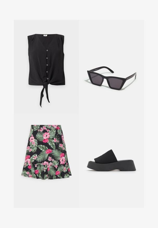 Blusa negra sin mangas con cierre de botones, escote en V y nudo delantero en el dobladillo.; Pieces Petite PCNYA SKIRT - Falda acampanada - loden frost/palms; Call it Spring VENISE B.E.D FOAM - Mules de tacón - black; Gafas de sol negras y angulares con lentes grises; fabricadas en plástico, con varillas gruesas de superficie suave y sin herrajes visibles.