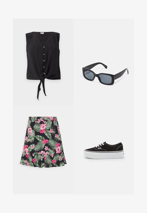 Blusa negra sin mangas con cierre de botones, escote en V y nudo delantero en el dobladillo.; Pieces Petite PCNYA SKIRT - Falda acampanada - loden frost/palms; Zapatilla de lona negra con suela de plataforma de goma blanca, que presenta cordones y costuras blancas, con branding icónico en el lateral, diseño de corte bajo.; Gafas de sol rectangulares negras con lentes oscuros, montura de plástico grueso y patillas anchas. Superficie lisa y diseño anguloso.