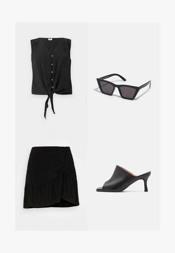 Blusa negra sin mangas con cierre de botones, escote en V y nudo delantero en el dobladillo.; Even&Odd by Zalando Minifalda - black; Selected ASHLEY - Mules de tacón - black; Gafas de sol negras y angulares con lentes grises; fabricadas en plástico, con varillas gruesas de superficie suave y sin herrajes visibles.
