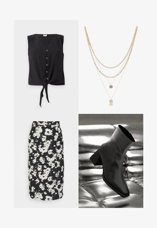 Mouwloze zwarte blouse met knopen, V-hals en een strikknop aan de voorzoom.; Pieces Petite PCJOSEPHINE MIDI SLIT SKIRT - Kokerrok - birch/black; Zwarte enkellaarsjes van glanzend materiaal met een vierkante neus en taps toelopende hak, afgezet tegen een glanzende zilveren gecapitonneerde achtergrond.; Gouden multi-laags halsketting met verschillende kettingstijlen, waaronder chunky schakels en fijne kettingen, met ronde en rechthoekige hangers.