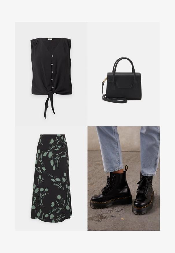 Hihaton must napillinen paita V-kauluksella ja etuosassa solmittava solmu helmassa.; Vero Moda Tall VMMARTA - Kynähame - black/marta; Henkilö pukeutunut vaaleansinisiiin farkkuihin ja mustiin nahkaisiin nyörillisiin korollisiin saappaisiin, joissa keltaiset ompeleet betonilattialla.; Musta rakenne käsilaukku, joka on valmistettu nahasta, jossa on yläkahva, irrotettava olkahihna ja etupuolella läppäyksikkö. Kulta koristeet.