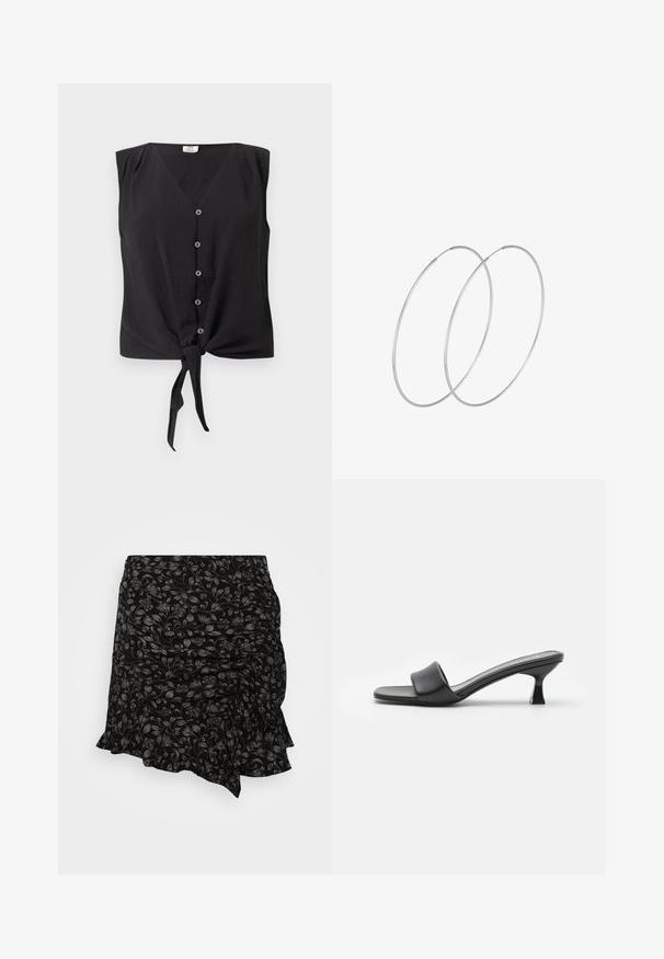 Blusa negra sin mangas con cierre de botones, escote en V y nudo delantero en el dobladillo.; Falda negra con estampado floral, con textura fruncida y dobladillo con volantes, que presenta un material ligero y sutiles detalles plateados en el diseño.; Mules negros con tacón, de parte superior de cuero mate y suave, puntera abierta, banda ancha en el empeine y tacón cuadrado y delgado.; Pendientes de aro plateados con un diseño minimalista. Forma circular, textura suave y perfil delgado. Livianos con un acabado pulido.