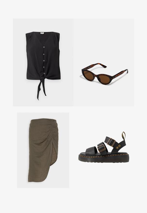 Mouwloze zwarte blouse met knopen, V-hals en een strikknop aan de voorzoom.; Pieces PCSTINA HIGH SLIT SKIRT - Kokerrok - kalamata; Zwarte leren sandalen met twee verstelbare gespsluitingen, rubberen zool en gele stikselaccenten. Voorzien van een trekband bij de hiel.; Bruine schildpad zonnebril met een vintage cat-eye vorm en bruine lenzen. Heeft gebogen armen met rode accenten.