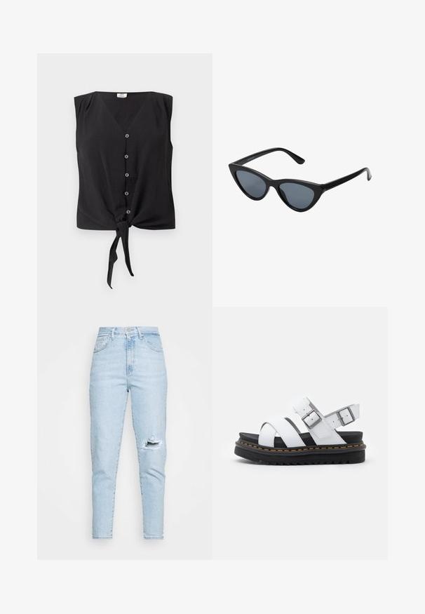 Ærmeløs sort bluse med knapper, V-hals og bindeknop foran ved kanten.; Lysblå denim jeans med høj talje, skinny fit, forlommer og slidte knædetaljer. Glat tekstur med et brugt udseende.; Hvide lædersandaler med justerbare spænder, lagdelt sort platformssål og orange syning langs kanten.; Sorte katteøje solbriller med mørkegrå linser, slankt plastisk stel, spidse hjørner og lige stænger. Ingen synlig hardware eller dekorationer.
