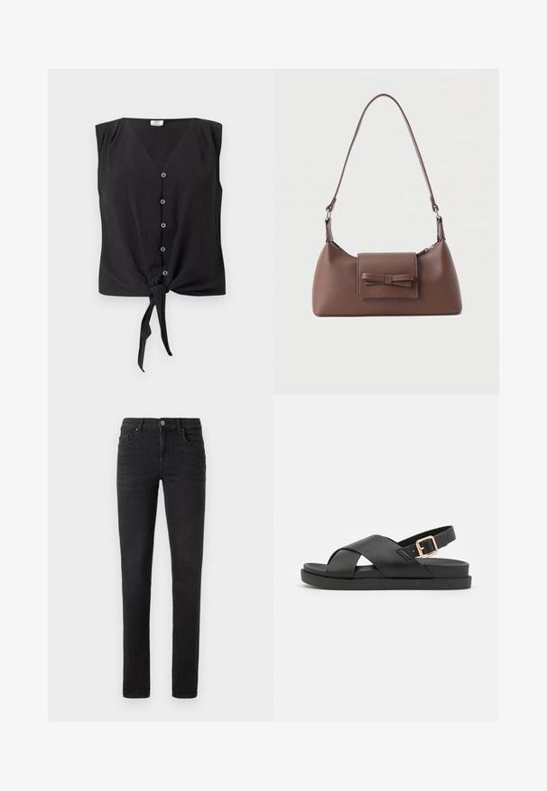 Ærmeløs sort bluse med knapper, V-hals og bindeknop foran ved kanten.; Sorte denim jeans med slim fit, der har en frontlukning med knap, fire lommer og en glat tekstur. Ingen synlige mønstre eller udsmykninger.; Sorte slingback sandaler med krydsede stropper, lavet af tekstureret materiale. Har en flad sål og en guldfarvet spændeaccent på hælen.; Brun skuldertaske i læder med en frontlomme med klap, der har en sydd sløjfedetalje, og en justerbar rem.