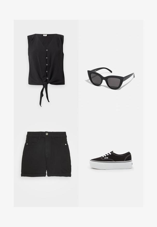 Ærmeløs sort bluse med knapper, V-hals og bindeknop foran ved kanten.; Gina Tricot Denimshorts - black; Sort lærred sneakers med en hvid gummi platform sål, der har hvide snørebånd og syninger, ikonisk branding på siden, lav-top design.; Sorte cat-eye solbriller med mat finish, der har grå tonede linser, skarpe vinkler og slanke sidearme. Mærkenavnet er synligt på den indre arm.