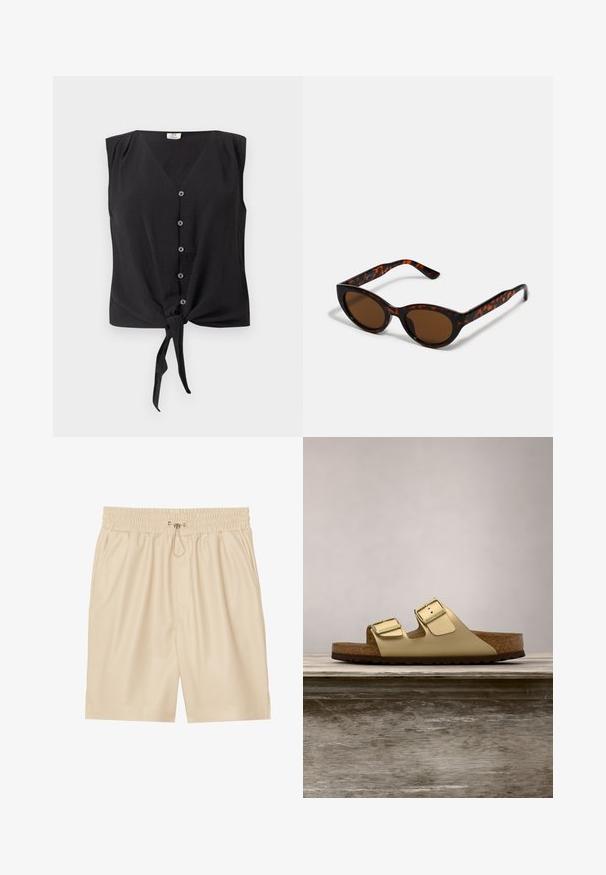 Ærmeløs sort bluse med knapper, V-hals og bindeknop foran ved kanten.; Beige faux læder shorts med elastisk talje og snøre. Har sidelommer og en afslappet pasform. Glat tekstur.; Guld veganske lædersandaler med to justerbare remme, korkfodbed og mørk gummisål. Glat tekstur med metallisk finish.; Brune skildpadde solbriller med en vintage katteøje-form og brune linser. Har buede arme med røde detaljer.