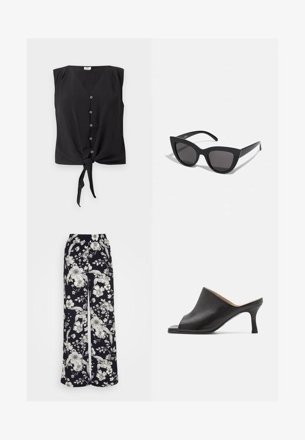 Ærmeløs sort bluse med knapper, V-hals og bindeknop foran ved kanten.; Anna Field by Zalando Bukser - black/off white; Selected ASHLEY - Mules med hæl - black; Sorte cat-eye solbriller med mat finish, der har grå tonede linser, skarpe vinkler og slanke sidearme. Mærkenavnet er synligt på den indre arm.