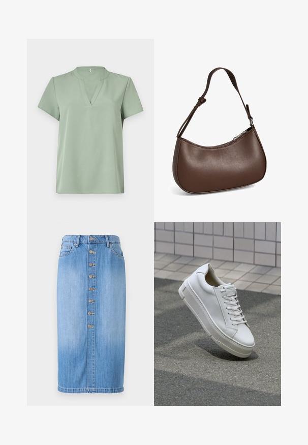 Korte mouwen top in lichtgroen, met een V-hals en een zachte textuur. Eenvoudig ontwerp zonder patronen of accenten.; Blauwe denim midi-rok met een rechte snit, voorzien van een sluiting met knopen aan de voorkant, vijf zakken en een vervaagde wassing voor textuur.; Witte leren sneaker met een low-top ontwerp, platte veters, ronde neus en textuur zijden. Dikke rubberen zool met subtiele accenten.; Kleine bruine leren schoudertas met verstelbare band en ritssluiting, getoond tegen een witte achtergrond. Geen zichtbaar merk of versieringen.