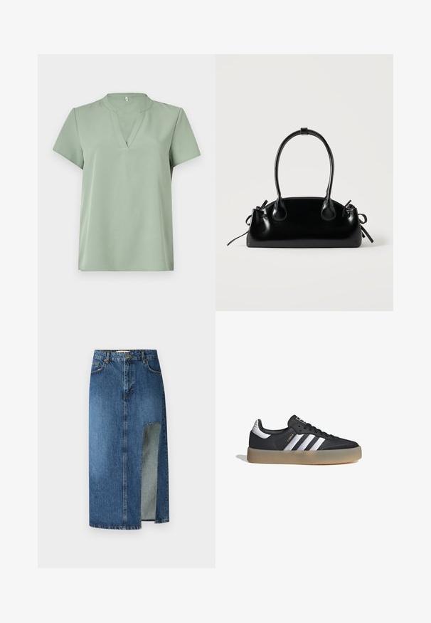 Blusa de manga corta en verde claro, con escote en V y textura suave. Diseño simple sin patrones ni acentos.; Falda de mezclilla en azul medio con corte recto y abertura lateral. Presenta un diseño clásico de cinco bolsillos y presillas para cinturón, con costuras visibles.; Zapatilla deportiva de cuero negro con tres rayas plateadas, punta texturizada y suela de goma. Cuenta con un collar acolchado y un diseño con cordones.; Pequeño bolso negro brillante con dos asas largas y detalles de cordón lateral sobre un fondo claro liso.