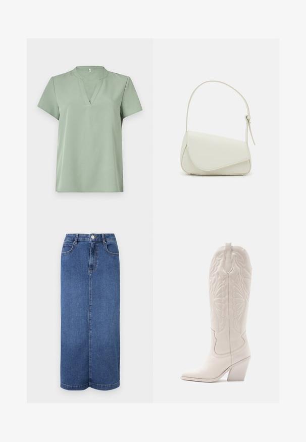 Blusa de manga corta en verde claro, con escote en V y textura suave. Diseño simple sin patrones ni acentos.; Falda larga de mezclilla en azul oscuro, con corte recto, cinturilla con cierre de botón y detalles de costura mínimos.; Bota vaquera de cuero blanco con punta afilada y tacón bloqueado. Presenta patrones de costura intrincados en el caña y una textura suave.; Bolso de mano de imitación cuero blanco con una forma triangular estructurada, correa ajustable única y cierre con solapa acentuada en curva.