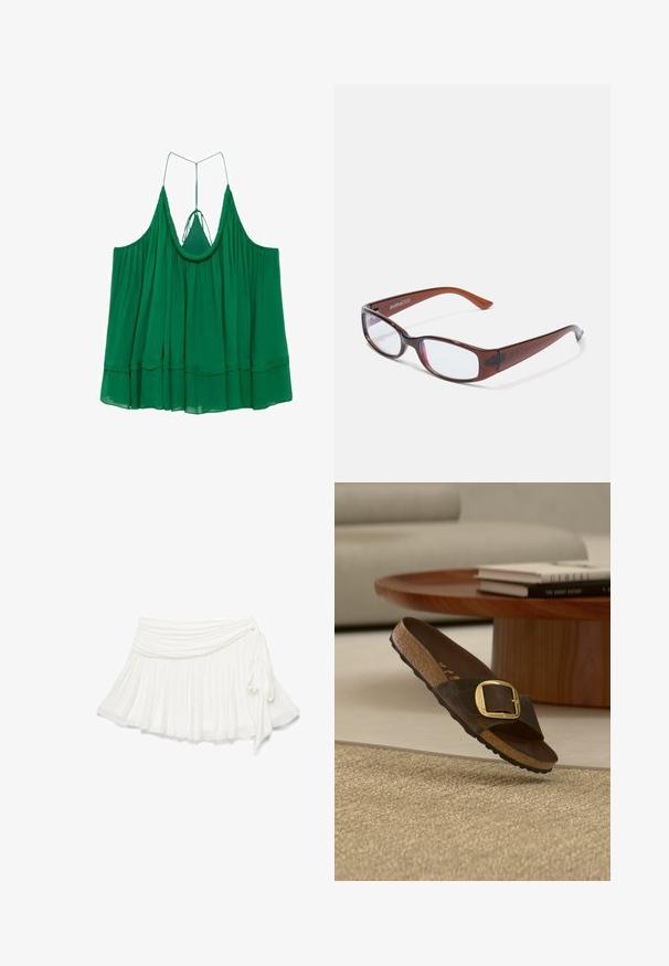 Haut halter vert sans manches avec un ourlet à volants en cascades et de fines bretelles se nouant à l'arrière, fabriqué en tissu léger et fluide.; Mini-jupe plissée blanche avec une ceinture froncée et un détail de lien sur le côté sur un fond uni.; Sandale slide en daim marron avec une grande boucle dorée, une semelle intérieure en liège et une semelle noire sur fond de tapis beige et de table basse en bois.; Lunettes rectangulaires teintées de brun avec une finition brillante, dotées de branches fines et de verres transparents. Logo visible sur la branche gauche.