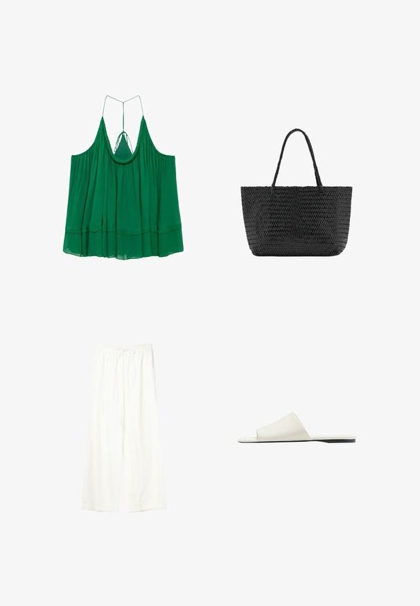 Haut halter vert sans manches avec un ourlet à volants en cascades et de fines bretelles se nouant à l'arrière, fabriqué en tissu léger et fluide.; Pantalon blanc à jambes larges avec taille élastique et cordon de serrage, en tissu léger.; Sandale blanche à enfiler avec une large bride unique et une semelle plate, vue de côté sur fond blanc.; Sac cabas noir tissé avec deux anses tressées, forme rectangulaire et motif texturé, présenté sur un fond blanc uni.