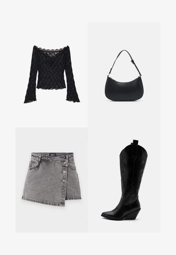 Top de encaje negro con escote off-the-shoulder, mangas largas de campana y bordes ondulados. Patrón floral texturizado en toda la prenda.; Mini falda de mezclilla gris con un corte asimétrico, con detalles de botones plateados y un bolsillo frontal. Textura suave y diseño casual.; Bota de vaquero de cuero negro con punta puntiaguda, tacón bloqueado inclinado, costuras decorativas y lengüetas en la parte superior sobre fondo blanco.; Pieces PCALUANA SHOULDER BAG - Bolso de mano - black