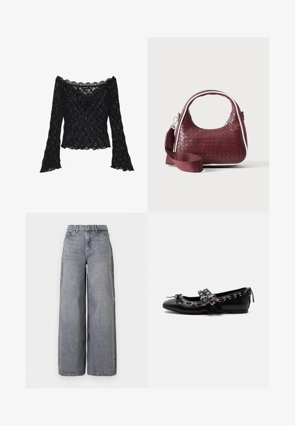 Sort blondelæder bluse med off-the-shoulder halsudskæring, lange klokkeærmer og kante i bølger. Tekstureret blomstermønster over hele blusen.; Bredde ben denim jeans i en falmet grå vask, med fem lommer, en knaplukning og en blød tekstur med subtile fældningsdetaljer.; Sort flad balletsko med dobbelt spænde, sølvøjer og en lille sløjfe nær den runde tå på en hvid baggrund.; Mørkerød vævet lædertaske med buet hank, hvid kant, sølv lynlås og aftagelig bred stofskulderrem mod en ensfarvet baggrund.