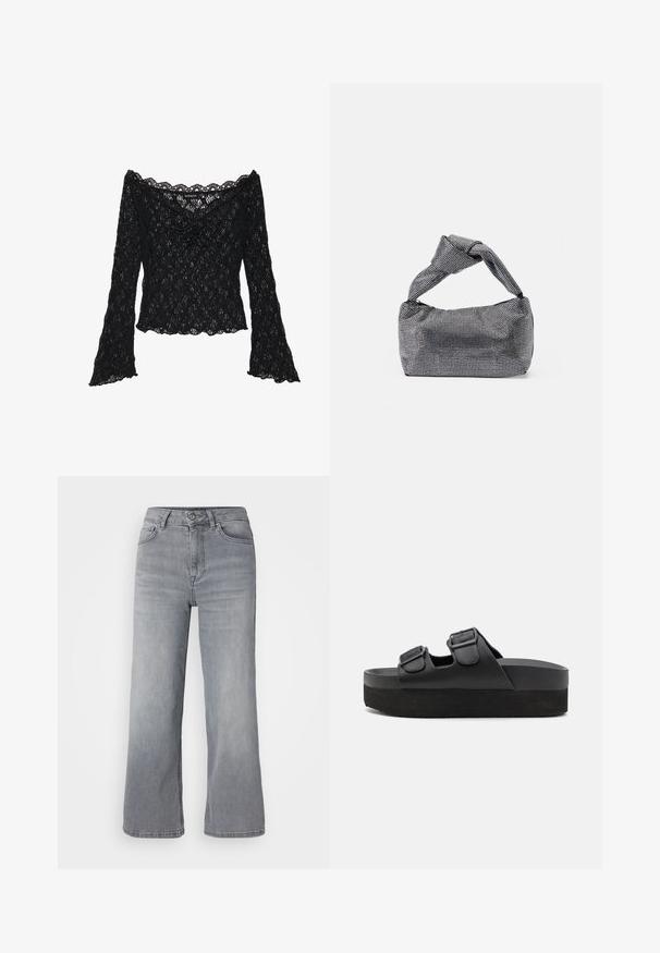 Sort blondelæder bluse med off-the-shoulder halsudskæring, lange klokkeærmer og kante i bølger. Tekstureret blomstermønster over hele blusen.; Lysegrå denim bukser med bred benvidde og høj talje, fem lommer samt klassisk lynlås- og knaplukning. Blød tekstur med let falmning.; Sorte platform sandaler lavet af glat materiale, med to justerbare stropper med spænder og en tekstureret sål for bedre greb.; Sorte og sølv håndtaske med en tekstureret overflade, der har et diamantmønster, en knyttet håndtag og en struktureret form.
