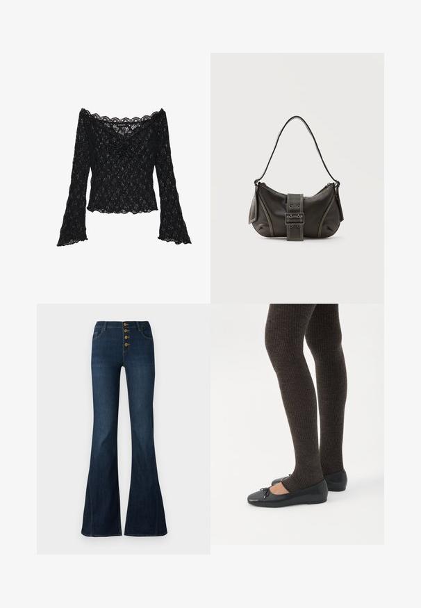 Top de encaje negro con escote off-the-shoulder, mangas largas de campana y bordes ondulados. Patrón floral texturizado en toda la prenda.; Jeans de talle alto en azul oscuro con perneras acampanadas y cuatro botones marrones visibles en la parte delantera, sobre un fondo blanco.; Piernas con leggings oscuros acanalados combinados con bailarinas negras que presentan pequeños detalles de lazo sobre un fondo blanco.; Bolso de hombro de cuero negro con detalle de correa con hebilla, bordes curvos y costuras blancas en contraste sobre un fondo liso.