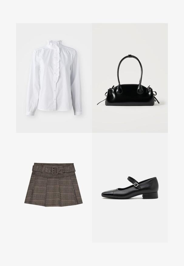Chemise blanche à manches longues, avec un col haut froncé et un accent de volants verticaux à l'avant. Tissu en coton léger.; Jupe mini à carreaux en noir, brun et beige. Comprend une taille ceinturée, des plis et un tissu texturé avec un motif géométrique.; Chaussures Mary Jane en cuir noir avec un embout en vernis, une sangle cheville réglable et un petit talon carré. Texture lisse et design élégant.; Petit sac à main noir brillant avec deux longues anses et des détails à cordon sur les côtés sur un fond clair uni.