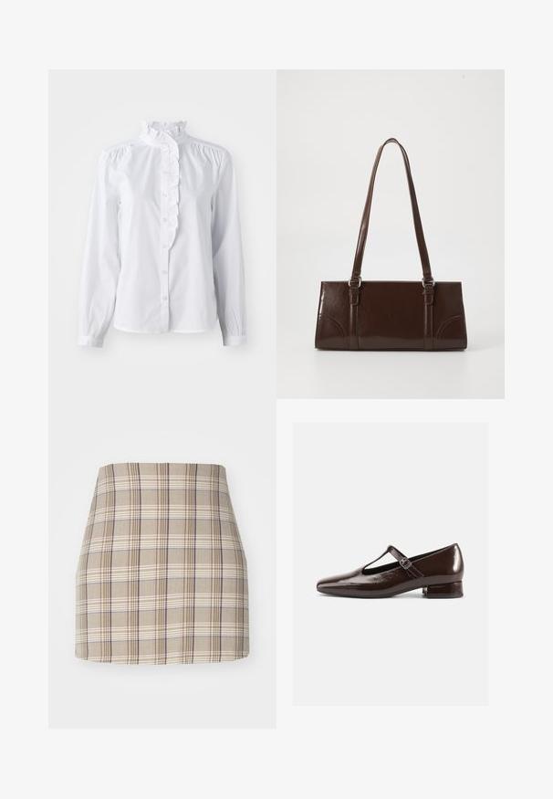 Hvid skjorte med lange ærmer, flæset høj krave og lodret flæseaccent foran. Letvægts bomuldsstof.; Even&Odd by Zalando Mini skirts - beige; Brune Mary Jane-sko i laklæder med en rundet tå, udskæringsdesign og justerbar rem. Lav blokhæl.; Brun lakeret håndtaske med rektangulær form, to lange håndtag og subtile buede detaljer på fronten.