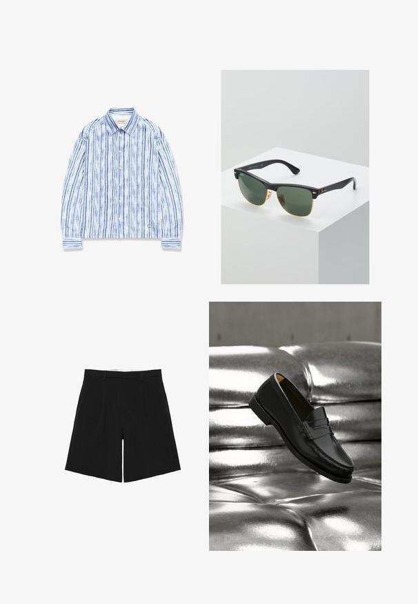 Chemise à manches longues boutonnée avec des rayures verticales bleues et blanches, col pointu, et petits logos près de l'ourlet sur un fond blanc.; Short noir sur mesure avec passants de ceinture, plis devant et poches latérales, posé à plat sur un fond blanc.; Mocassin en cuir noir flottant au-dessus d'un canapé en cuir argenté brillant matelassé à boutons dans un décor minimaliste.; Lunettes de soleil Ray-Ban avec des verres verts, monture en plastique noir et accents dorés sur les bords. Forme carrée avec une finition mate.