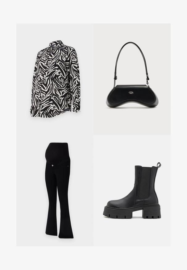 Langærmet sorte og hvide skjorte med knapper, der har et dristigt zebrastribet mønster, glat stof og en klassisk kravedesign.; Sorte graviditetsjeans med flare bendesign, blødt stof, høj talje for støtte og lukning med knap foran.; RAID Plateaustøvletter - black; Sort skuldertaske i læder med buet bund, sølv oval logo på fronten og tynd justerbar rem mod hvid baggrund.