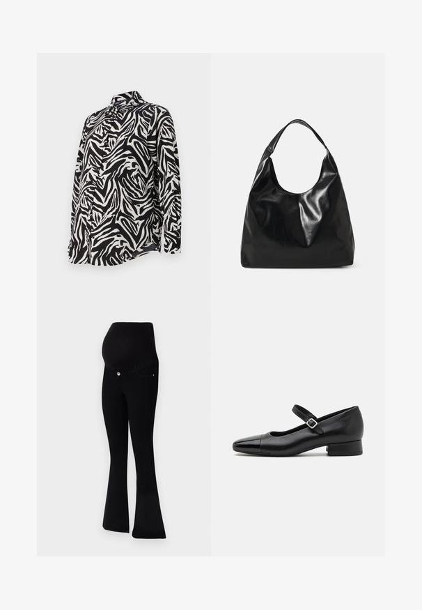 Langærmet sorte og hvide skjorte med knapper, der har et dristigt zebrastribet mønster, glat stof og en klassisk kravedesign.; Sorte graviditetsjeans med flare bendesign, blødt stof, høj talje for støtte og lukning med knap foran.; Sorte læder Mary Jane-sko med en patenttå, justerbar ankelrem og lav blokhæl. Glat tekstur og strømlinet design.; Sort læder hobo taske med en blød, skinnende tekstur og en rund, åben top. Har en bred, buet strop til bæring. Ingen synlig hardware.