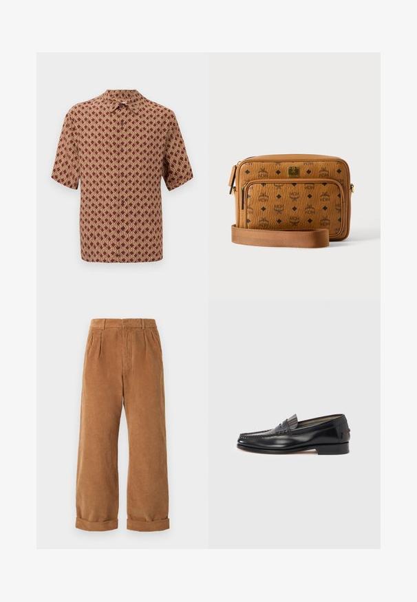 Kortærmet skjorte i bordeaux med et detaljeret kridhvidt geometrisk mønster. Krave-design med knapper langs forsiden til lukning.; Brune kordfløjspants med bred ben-design, der har frontfolder og opfoldede kanter. Stoffet har et tekstureret, ribbet udseende.; Sorte læderloafers med moccasin-design, der har en dekorativ bånd og syningsdetaljer på overdelen. Lav blokhæl.; Tan læder crossover taske med sorte MCM logoer, front lynlåslomme, guldfarvet plade og justerbar stofrem på hvid baggrund.