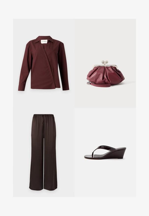 CLOSED ASYMMETRIC SHIRT - Chemisier - dark raisin red; Pantalon noir à jambes larges en tissu lisse avec taille élastique et cordon de serrage. Doté d'une coupe ample et fluide.; Sandale compensée en cuir verni marron avec bride entre les orteils et bout ouvert, vue de profil sur un fond uni.; Petite pochette en cuir bordeaux avec fermoir en métal argenté et bracelet pour poignet sur fond blanc.