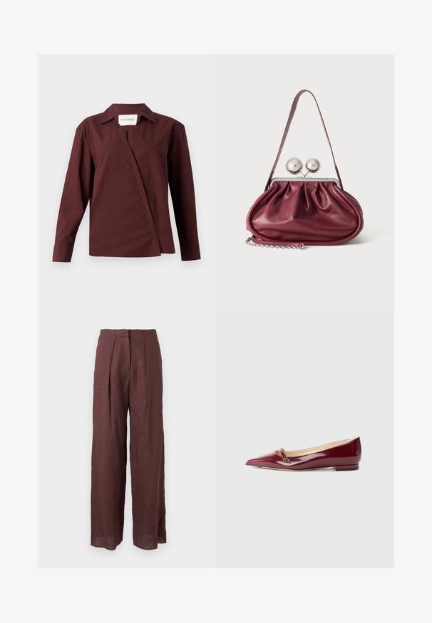 CLOSED ASYMMETRIC SHIRT - Chemisier - dark raisin red; Pantalon large taille haute marron foncé avec plis sur le devant et taille structurée, fabriqué en tissu léger.; Ballerines en cuir verni bordeaux avec un bout pointu, présentant un petit détail découpé et un petit talon. Texture lisse et design épuré.; Petit sac à main en cuir bordeaux avec des détails froncés, une fine bandoulière et une fermeture argentée comportant deux gros boutons ronds.