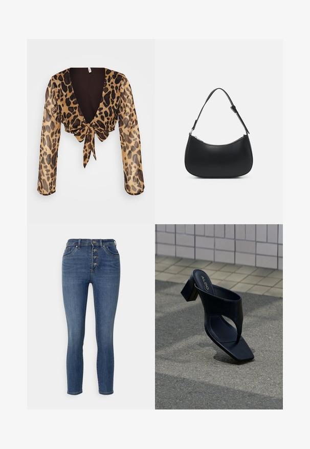 Top cropped de estampado de leopardo en tejido ligero y transparente. Con mangas largas, escote en V profundo y un frente atado. Esquema de colores marrón y beige.; Jeans de mezclilla azul oscuro con cintura alta, cierre de cinco botones y un ligero desgaste. Corte slim, con bolsillos estándar y diseño de pierna recta.; Sandalia negra de tacón con puntera cuadrada y tiras anchas, colocada sobre asfalto gris cerca de una pared con azulejos.; Pieces PCALUANA SHOULDER BAG - Bolso de mano - black