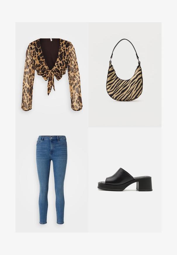 Top cropped de estampado de leopardo en tejido ligero y transparente. Con mangas largas, escote en V profundo y un frente atado. Esquema de colores marrón y beige.; Jeans ajustados en denim azul medio, con cierre de botón delantero, passantes para cinturón y estilo de cinco bolsillos con una textura suave.; Mules de plataforma de cuero negro con punta abierta redondeada, tacón bajo y textura suave. Diseño minimalista con líneas elegantes.; Bolso de hombro de estampado de cebra en beige y negro con base curva y una sola asa negra, fotografiado sobre un fondo blanco liso.
