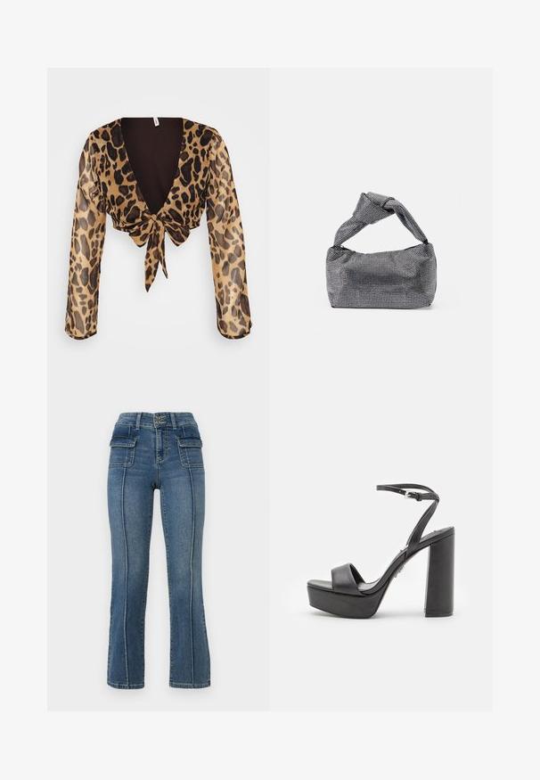 Dámsky cropped top s leopardím vzorom z ľahkej priesvitnej látky. Má dlhé rukávy, hlboký výstrih do V a viazanie vpredu. Hnedo-tanová farebná paleta.; ONLY Petite ONLWAUW MID WAIST FLARED - Zvonové džínsy - medium blue denim; Čierne platformové sandále na vysokom opätku s otvorenou špičkou, širokým predným remienkom a nastaviteľným remienkom okolo členku. Hladký kožený povrch a masívny blokový opätok.; Čierna a strieborná kabelka s textúrovaným povrchom so vzorom diamantov, s uzlovou rukoväťou a štruktúrovaným tvarom.