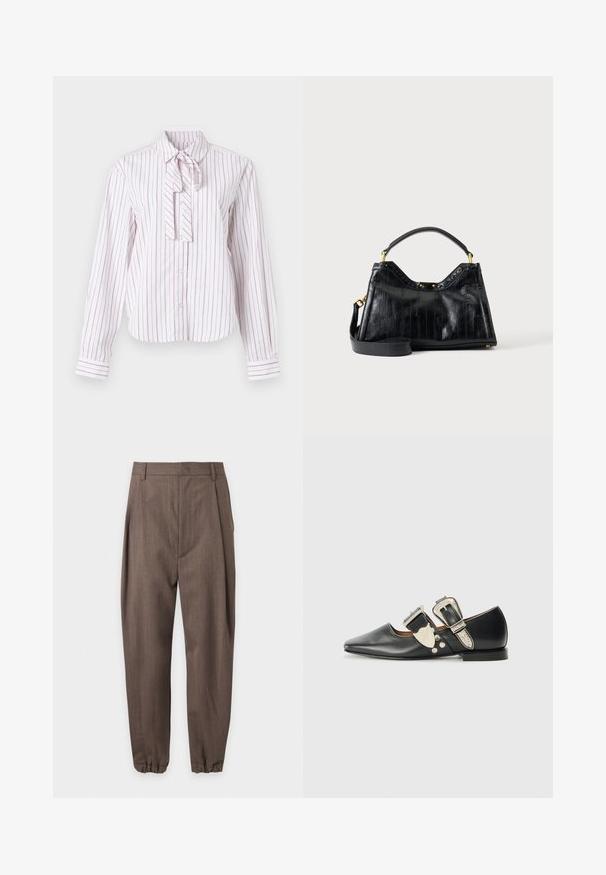 Chemise à manches longues blanche avec des rayures verticales roses, dotée d'un col cravaté, d'une fermeture à boutons et d'une coupe structurée.; Pantalon marron sur mesure avec plis, passants pour ceinture et poignets élastiqués, présenté sur fond blanc.; Chaussure plate en cuir noir avec un bout pointu, des accents de boucle en argent et des rivets décoratifs. Elle possède un petit talon et une texture lisse.; Sac à main en cuir noir avec lignes verticales texturées, poignée courte, bandoulière longue amovible et détails métalliques dorés sur fond uni.