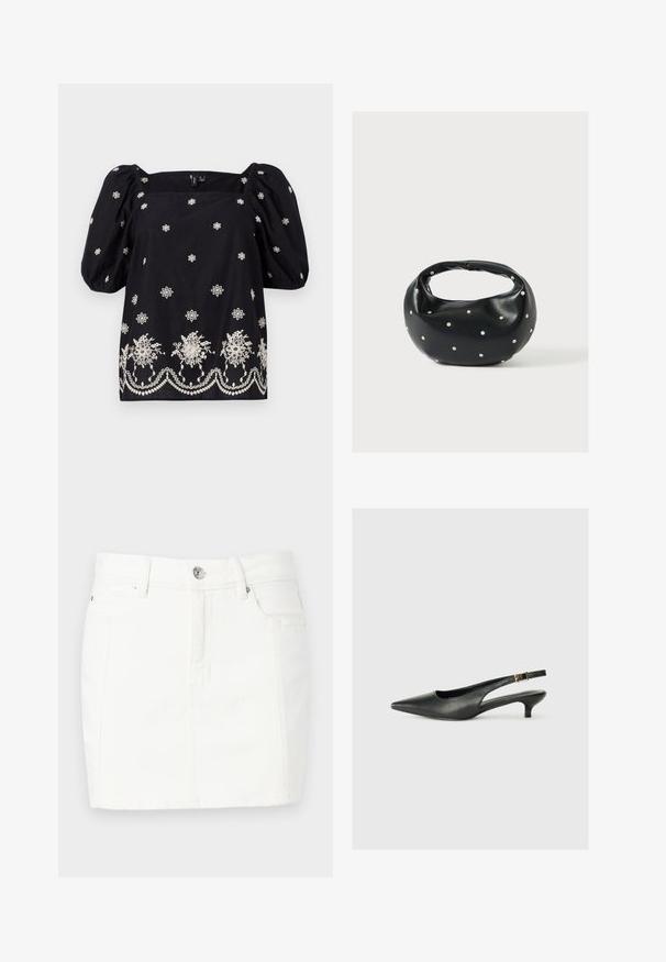 Blusa negra de corte holgado con mangas abullonadas. Presenta bordados florales blancos y un ribete decorativo en la parte inferior. Escote cuadrado.; Falda de mezclilla blanca con un diseño ajustado, que cuenta con un cierre de botones en la parte delantera, dos bolsillos laterales y una longitud hasta mitad del muslo. Textura suave.; Zapato de tacón slingback negro de punta afilada, hecho de cuero suave. Presenta un tacón delgado y un detalle de hebilla en la correa ajustable.; Bolso de mano de cuero negro con forma redondeada, decorado con detalles de tachuelas plateadas y un asa corta. Textura lisa y cierre con cremallera.