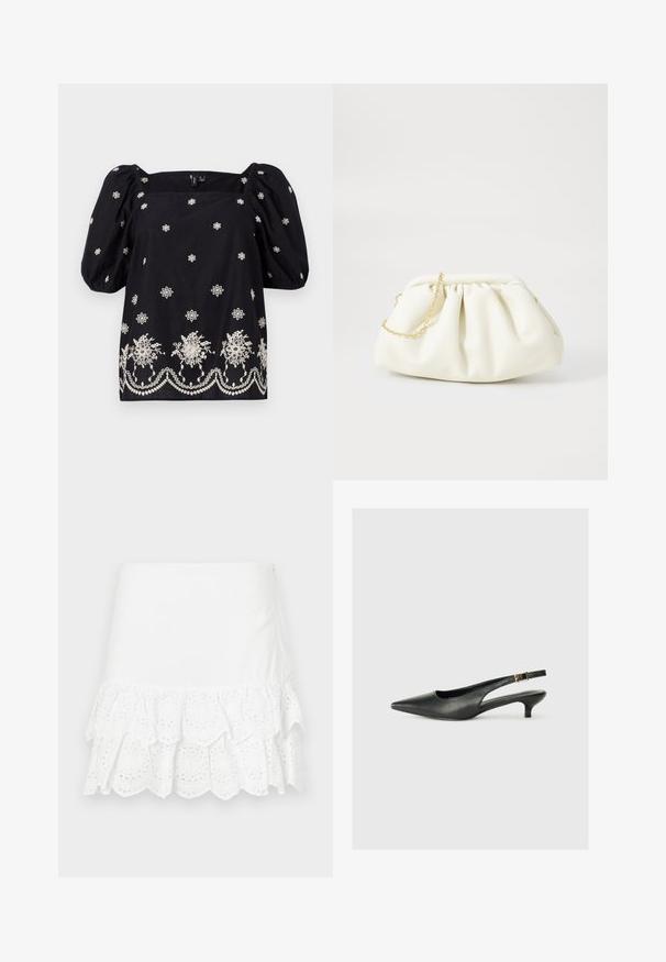 Blusa negra de corte holgado con mangas abullonadas. Presenta bordados florales blancos y un ribete decorativo en la parte inferior. Escote cuadrado.; Falda blanca de algodón con un diseño de volantes en capas y bordado de ojales en el dobladillo. Textura suave, por encima de la rodilla.; Zapato de tacón slingback negro de punta afilada, hecho de cuero suave. Presenta un tacón delgado y un detalle de hebilla en la correa ajustable.; Bolso de mano de cuero blanco con un diseño recogido, cuenta con una cadena dorada y forma redondeada. Textura suave con pliegues suaves y sin patrones.