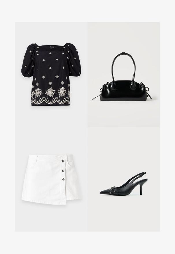 Blusa negra de corte holgado con mangas abullonadas. Presenta bordados florales blancos y un ribete decorativo en la parte inferior. Escote cuadrado.; Mini falda de mezclilla blanca con corte recto, que presenta un cierre lateral con cuatro botones metálicos y un sutil dobladillo enrollado.; Zapato de tacón alto tipo slingback de piel negra con puntera puntiaguda, con hebilla y detalle de tira con ojetes en la parte delantera.; Pequeño bolso negro brillante con dos asas largas y detalles de cordón lateral sobre un fondo claro liso.