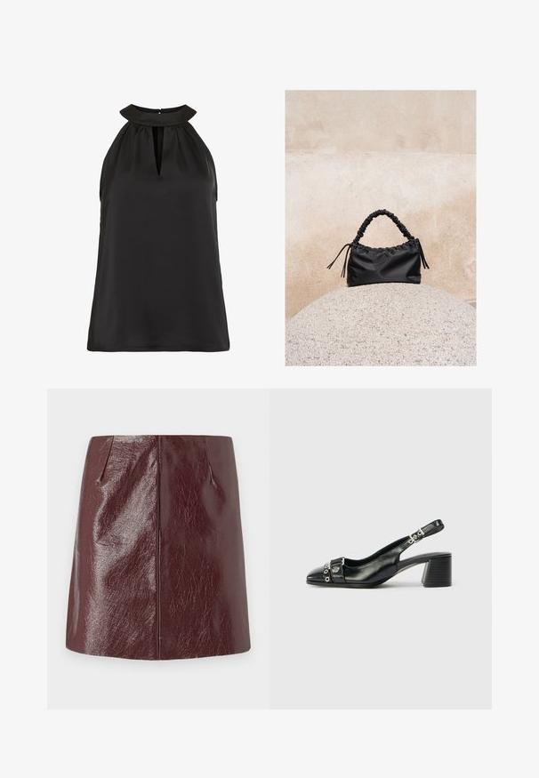 Zwart mouwloos topje met een hoge kraag en een sleutelgatopening, gemaakt van gladde stof, met een ontspannen pasvorm en zonder zichtbare patronen.; Vero Moda VMNELLY SKIRT - Minirok - wine tasting; Zwart leren slingback hak met een spitse neus, eenTextuur strap met cirkelvormige metalen accenten en een gestapelde blokhak.; Zwarte gerimpelde handtas met een samengevoegde handvat, rustend op een gestructureerde stenen bol tegen een beige betonnen muur.