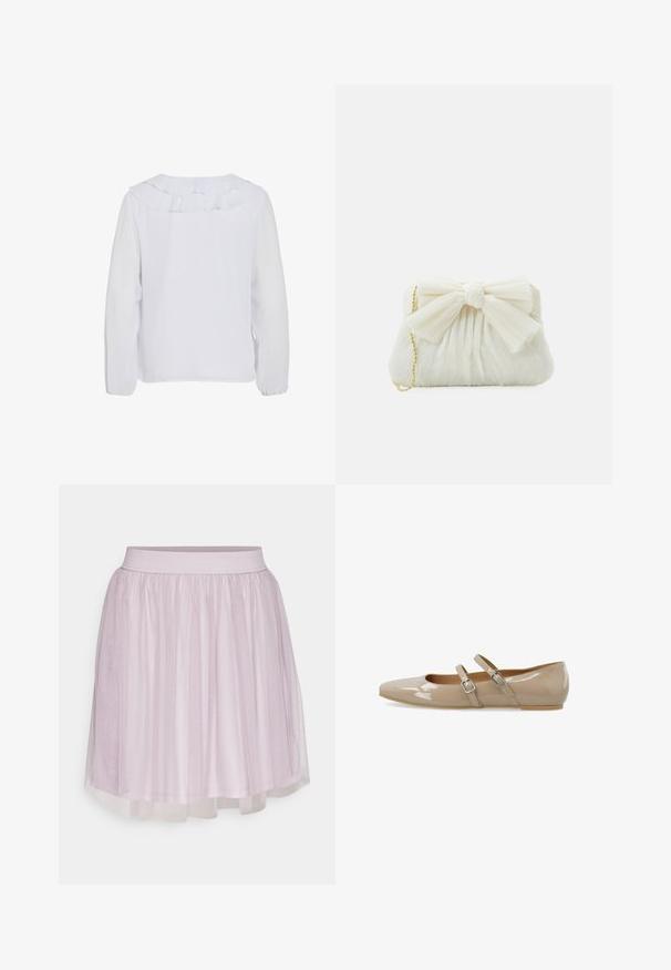Blusa blanca de manga larga con cuello con volantes, textura lisa y puños elásticos. Diseño simple y limpio, adecuado para diversas ocasiones.; VILA VIDOLL SKIRT - Minifalda - nirvana; Zapato plano de charol beige con punta puntiaguda y dos correas ajustables con hebillas en la parte superior.; Bolso de mano plisado blanco con un destacado detalle de lazo y una correa de cadena dorada. Textura suave con un diseño fruncido en la parte frontal.