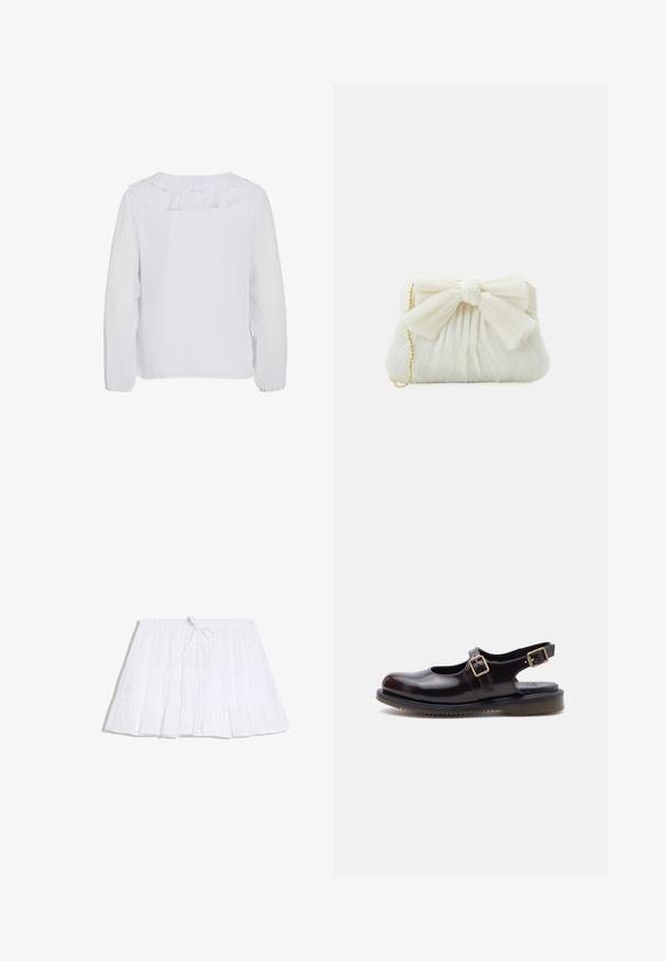 Witte blouse met lange mouwen en een ruches kraag, gladde textuur en elastische manchetten. Eenvoudig, schoon ontwerp dat geschikt is voor verschillende gelegenheden.; Witte gelaagde minirok met een elastische band en koordje aan de voorkant, gemaakt van lichtgewicht stof.; Donker bordeauxrode leren Mary Jane-schoen met twee verstelbare gespen en een zwarte rubberen zool, weergegeven in zijaanzicht op een witte achtergrond.; Witte geplooide clutchtas met een opvallende strikdetail en een gouden kettinghengsel. Zachte textuur met een geplooid ontwerp aan de voorkant.