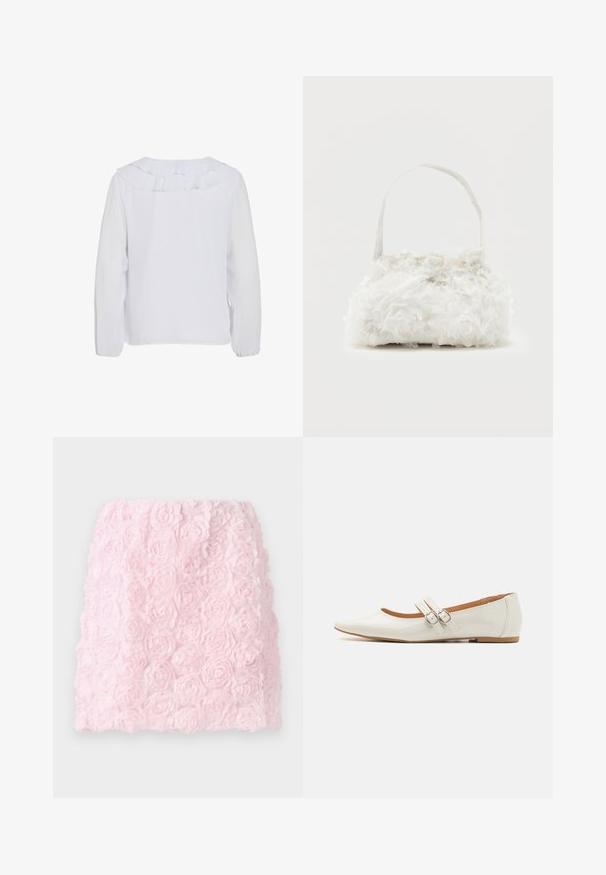 Valge pikakä sleeve blouse ruffles kraega, sile tekstuur ja elastsete mansettidega. Lihtne, puhas disain sobib erinevateks juhtudeks.; Roosa mini seelik tekstuurse disainiga, milles on kihilised kangast lilled. Pind on pehme ja detailne, andes kolmemõõtmelise lilleefekti.; Valged lakkkingad terava ninaga, kahe dekoratiivse rihmaga, millel on hõbedased pandlad, ja peene pruuniga tallaga.; Väike valge käekott, mille keha katavad kangasroosid, ja õhukese ühe rihmaga käepide tavalise tausta ees.