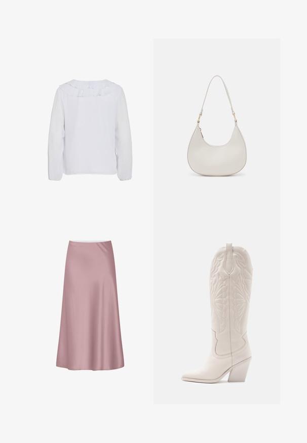 Blusa blanca de manga larga con cuello con volantes, textura lisa y puños elásticos. Diseño simple y limpio, adecuado para diversas ocasiones.; Falda midi de satén rosa suave con una silueta en línea A y una tela lisa y fluida.; Bota vaquera de cuero blanco con punta afilada y tacón bloqueado. Presenta patrones de costura intrincados en el caña y una textura suave.; Bolso de hombro de cuero crema con forma de media luna, correa delgada y sutil detalle de costuras. Diseño minimalista con acentos de hardware en tono dorado.
