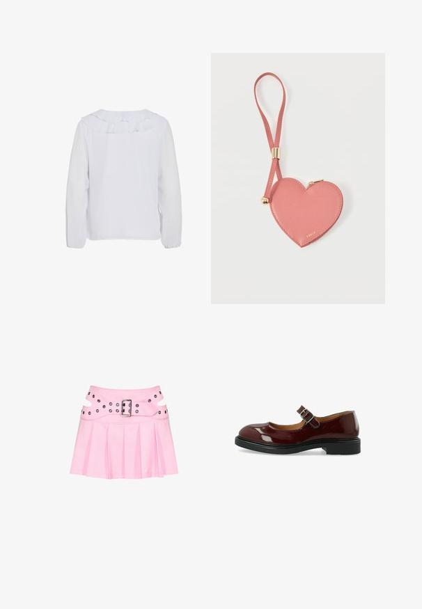 Witte blouse met lange mouwen en een ruches kraag, gladde textuur en elastische manchetten. Eenvoudig, schoon ontwerp dat geschikt is voor verschillende gelegenheden.; Roze geplooide minirok met brede dubbel gelaagde tailleband, zilveren gesp en meerdere oogjes voor bevestiging en decoratie.; Bianco BIAADDA MARY JANE LAK - Klassieke pumps - burgundy; Roze leren muntportemonnee in hartvorm met polsbandje en gouden rits, gebrandmerkt met kleine gouden tekst "Furla".