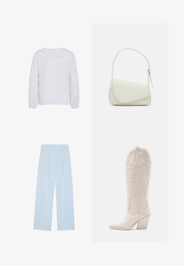 Blusa blanca de manga larga con cuello con volantes, textura lisa y puños elásticos. Diseño simple y limpio, adecuado para diversas ocasiones.; Pantalones de tiro ancho en azul claro con dos pliegues delanteros, dos botones en la cintura y una textura de tela suave.; Bota vaquera de cuero blanco con punta afilada y tacón bloqueado. Presenta patrones de costura intrincados en el caña y una textura suave.; Bolso de mano de imitación cuero blanco con una forma triangular estructurada, correa ajustable única y cierre con solapa acentuada en curva.