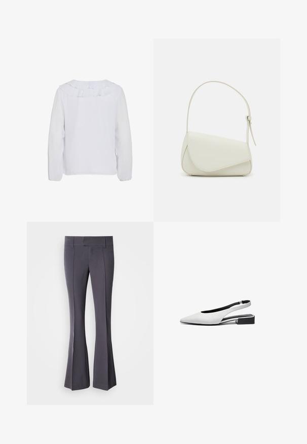 Witte blouse met lange mouwen en een ruches kraag, gladde textuur en elastische manchetten. Eenvoudig, schoon ontwerp dat geschikt is voor verschillende gelegenheden.; Grijze flared broek van soepel materiaal met een getailleerde pasvorm, met voorste kreuklijnen en een middelhoge tailleband.; Witte leren slingback platte schoenen met een puntige neus, open ontwerp bij de hak en een lage zwarte blokhak. Glad textuur, minimale accenten.; Witte nepleren handtas met een gestructureerde driehoekige vorm, een enkele verstelbare schouderriem en een klep met ronde accenten.