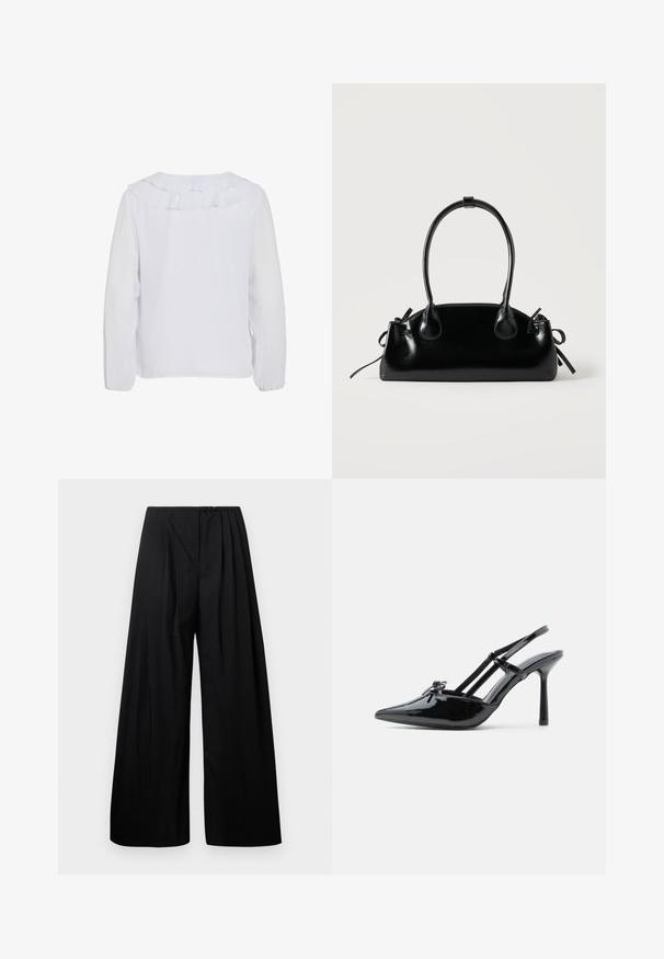 Blusa blanca de manga larga con cuello con volantes, textura lisa y puños elásticos. Diseño simple y limpio, adecuado para diversas ocasiones.; Pantalones de pierna ancha negros con cintura alta, que cuentan con pliegues verticales y cierre de botón. Textura suave, diseño minimalista.; Zapato tipo slingback de charol negro con tacón alto, punta puntiaguda, tacón delgado y doble tira cruzando el empeine.; Pequeño bolso negro brillante con dos asas largas y detalles de cordón lateral sobre un fondo claro liso.