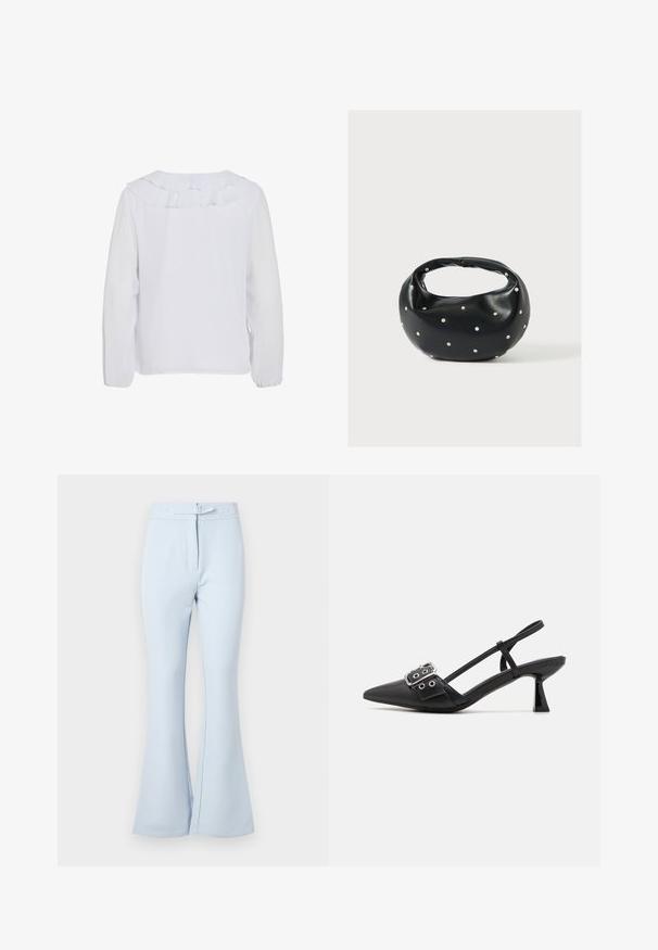 Witte blouse met lange mouwen en een ruches kraag, gladde textuur en elastische manchetten. Eenvoudig, schoon ontwerp dat geschikt is voor verschillende gelegenheden.; Lichtblauwe uitlopende broek gemaakt van een gladde stof. Heeft een tailleband met riemlussen, twee voorkruipzakken en een nette afwerking bij de boorden.; Simmi London DALA - Klassieke pumps - black; Zwarte leren handtas met een afgeronde vorm, versierd met zilveren studs, en een korte handgreep. Gladde textuur en ritsluiting.